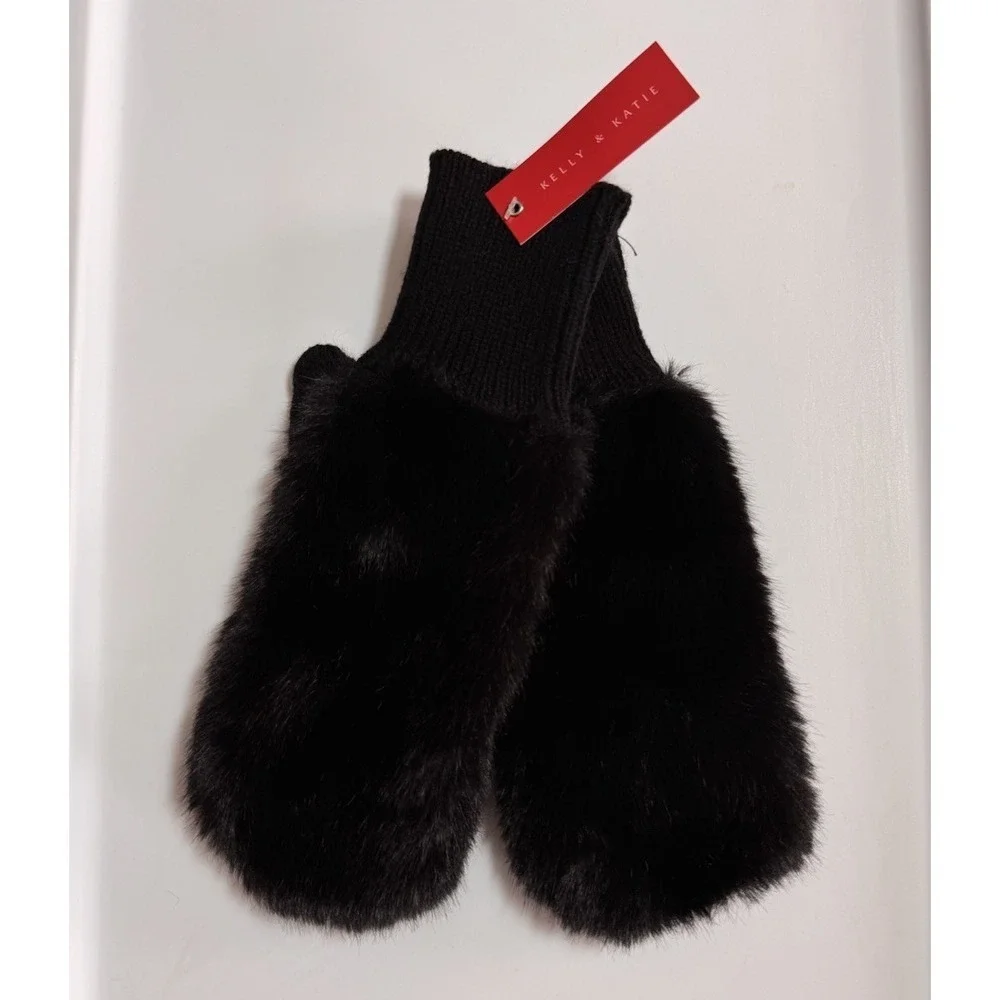 NWT Kelly & Katie Textured Tech Touch Screen Mittens Black Fuzzy Warm One Size